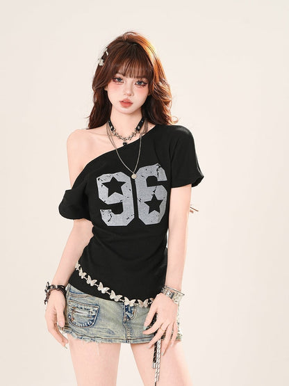 ブルーブラック/ダスティ アシンメトリーネックライン ナンバープリント Tシャツ