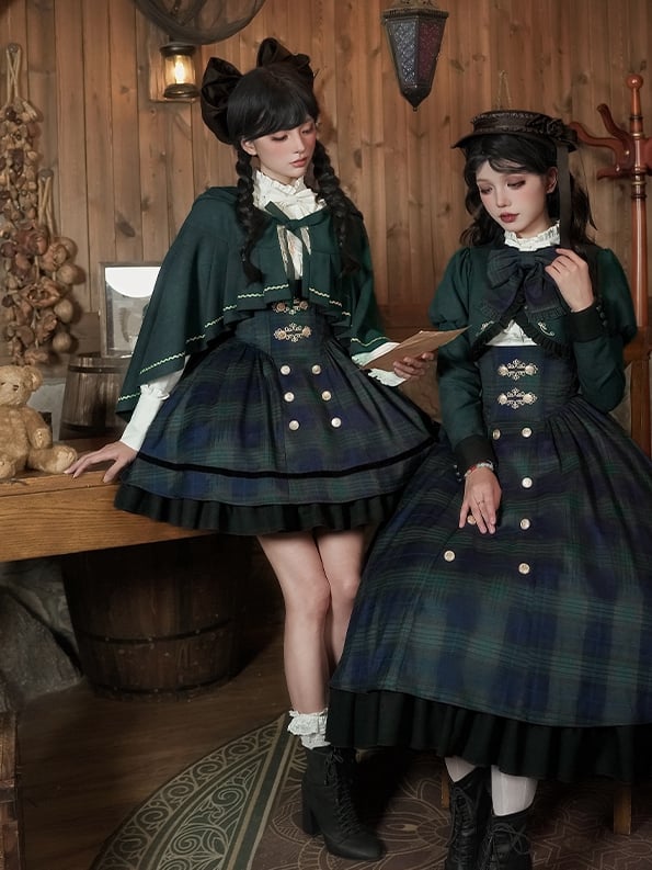 Lolita Green Set Pattern Style Preppy + JSK - Short Plaid Version
