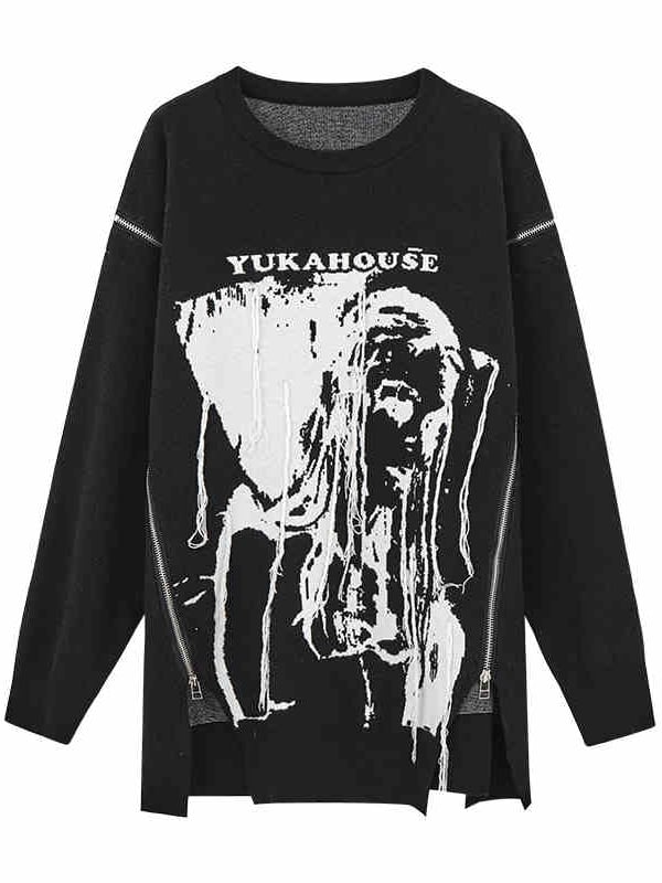 Schwarzer Punkrock-Pullover mit lockerem Rundhalsausschnitt und Reißverschlüssen