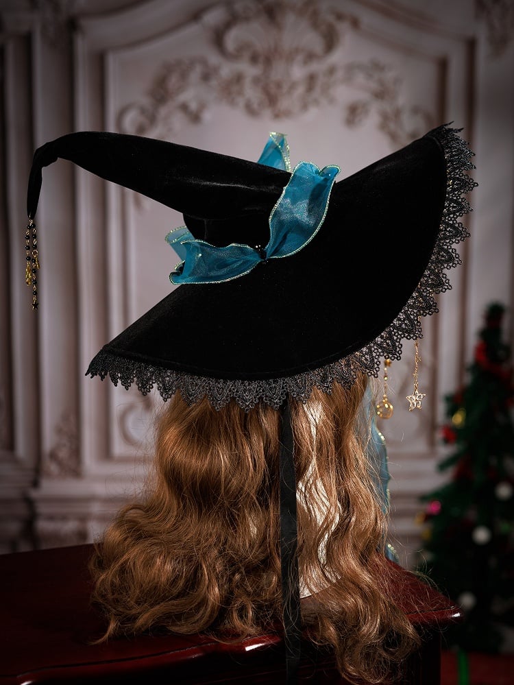 Fancy Peacock Teal Ribbon Bow Christmas Witch Hat with Optional Shiny Veil and Stars Chain