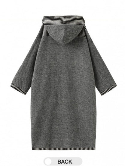 Cardigan Coat Tie-Front Closure Striped Bow Preppy Vintage with Gray Hooded