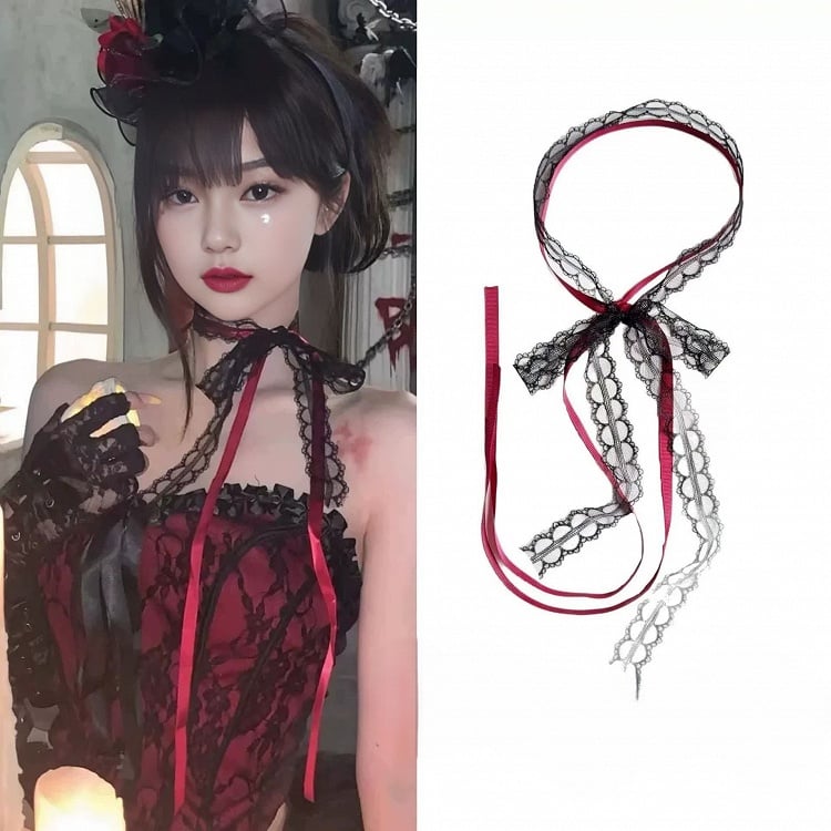 Choker Lace Bow Ribbon BlackRed
