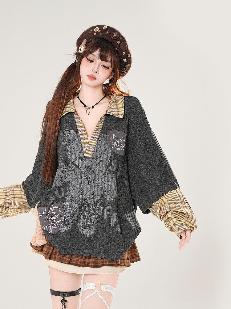 Dark Gray V-Neck Top with Bear Print and Plaid Patchwork Knit
