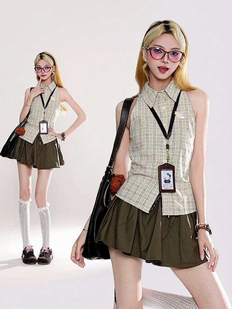 Khaki Sleeveless Top with Plaid Pattern - Rayohopp