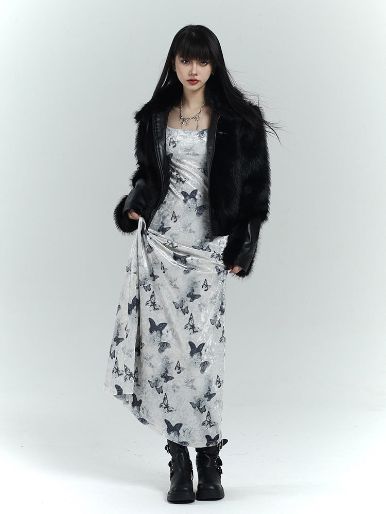 White Velvet Butterfly Print Slim-fitting Dress