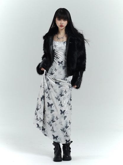 White Velvet Butterfly Print Slim-fitting Dress