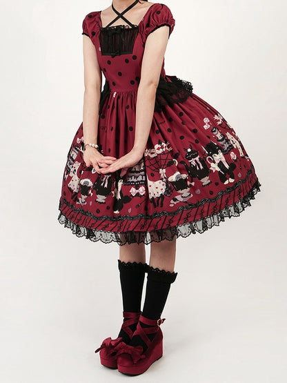 Bow Black Lolita Dot Print with Accents Cat Dress Red Polka Sweet