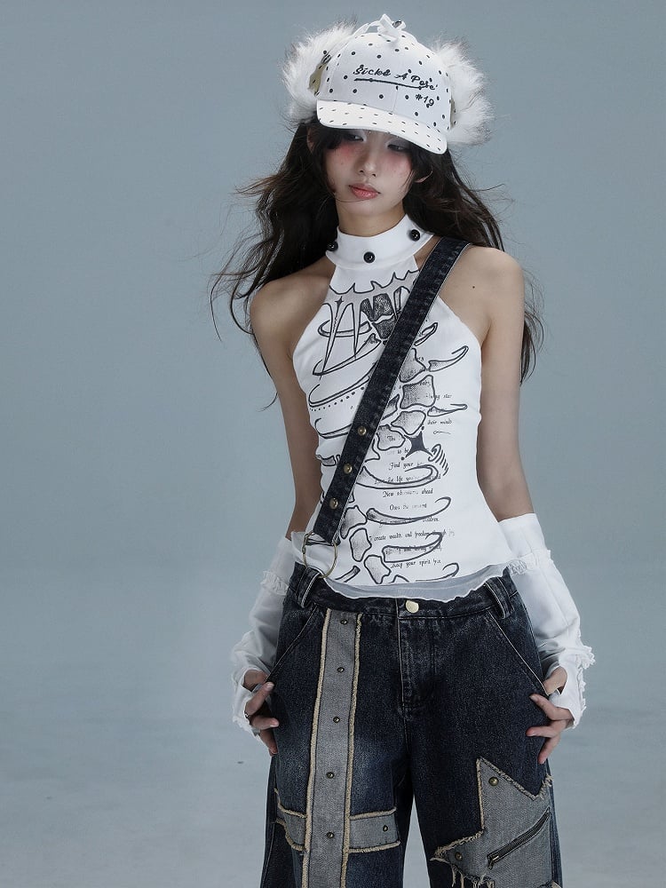 Details Print with Halter Bead Punk White Graphic Spine Top