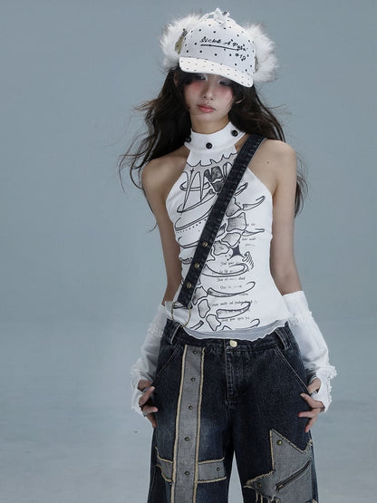 Details Print with Halter Bead Punk White Graphic Spine Top