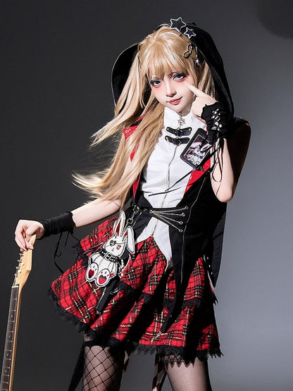 Punk Bunny Ear Hooded Coat with Diamond Tailcoat and Plaid Skirt in Black and Red - Xiong Dou Jiang