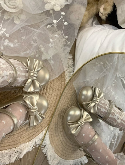 Golden Mid-heel Mary Jane Shoes with Heart-shaped Snap and Bow Accents