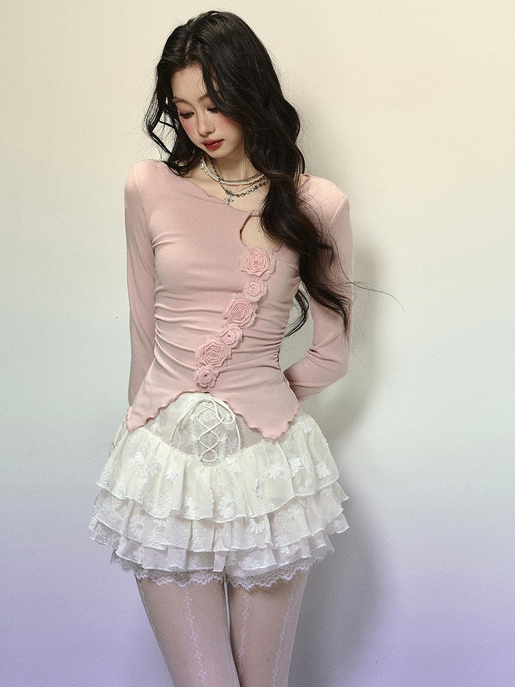 ホワイトレースの花柄ハイウエストティアードミニスカートレースアップディテール