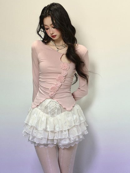 ホワイトレースの花柄ハイウエストティアードミニスカートレースアップディテール