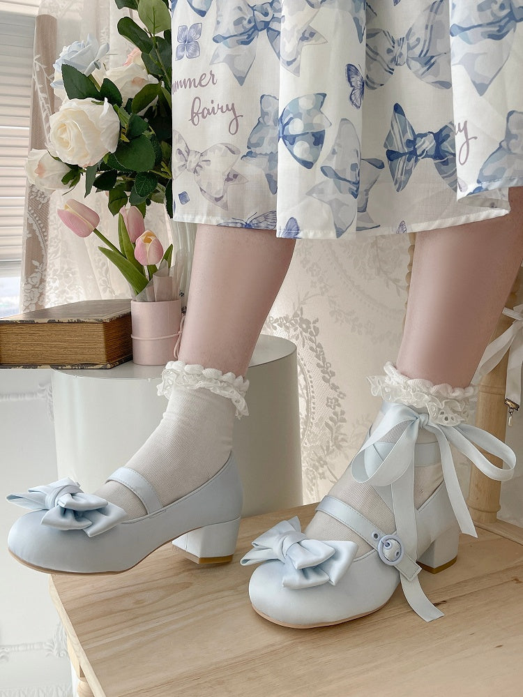 Toe Blue Ankle Mid-heel Round Top Janes Bow - at Mary Lace-up