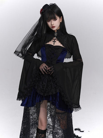 Ausschnitte Spitzenbesatz Elegant mit Glockenschnitt Schwarz Halloween Ärmel Ellenbogen Shrug Gothic