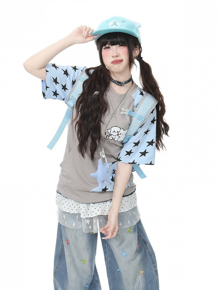 Gray Star Pattern Short Sleeve Top with Kitty Embroidery - Languid Park