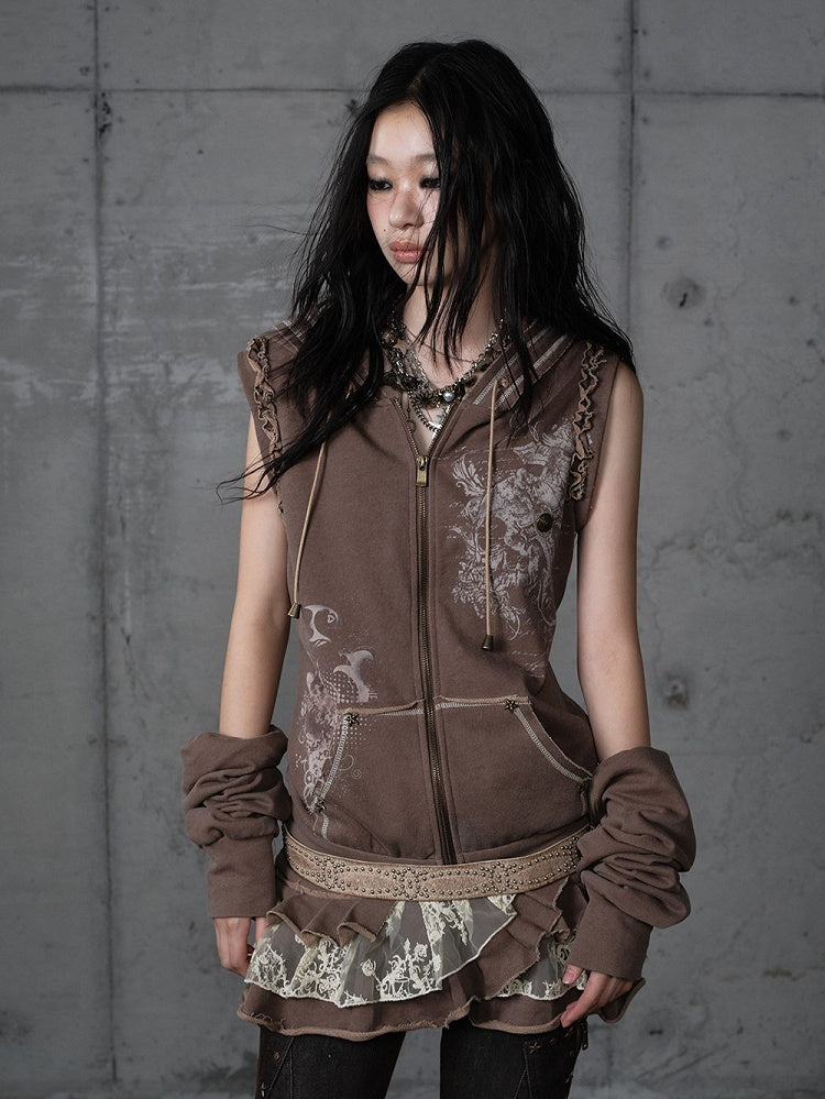 Lace Wasteland with Dress Khaki Hoodie Punk Y2K Tiered Detachable Trim Sleeves