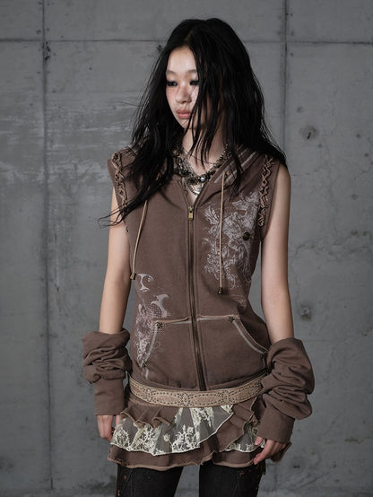 Lace Wasteland with Dress Khaki Hoodie Punk Y2K Tiered Detachable Trim Sleeves