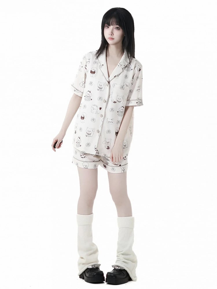 子犬プリントのパジャマセット ブルー/クリーム色 キュートなイエローライト