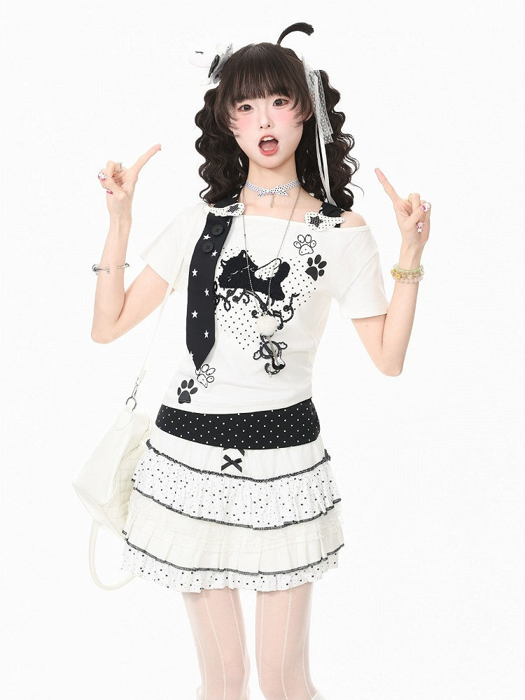 Halter Top with Kitten Embroidery & Polka Dots, White, Short Sleeve - Languid Park