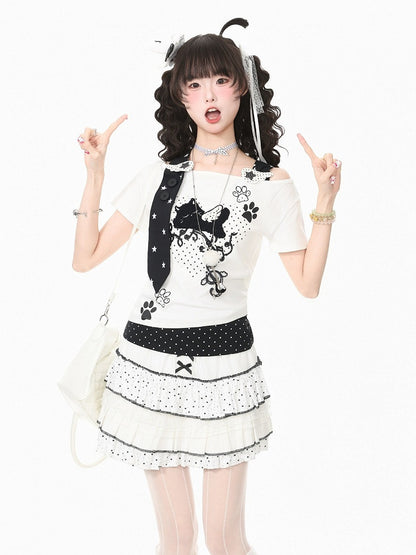 Halter Top with Kitten Embroidery & Polka Dots, White, Short Sleeve - Languid Park