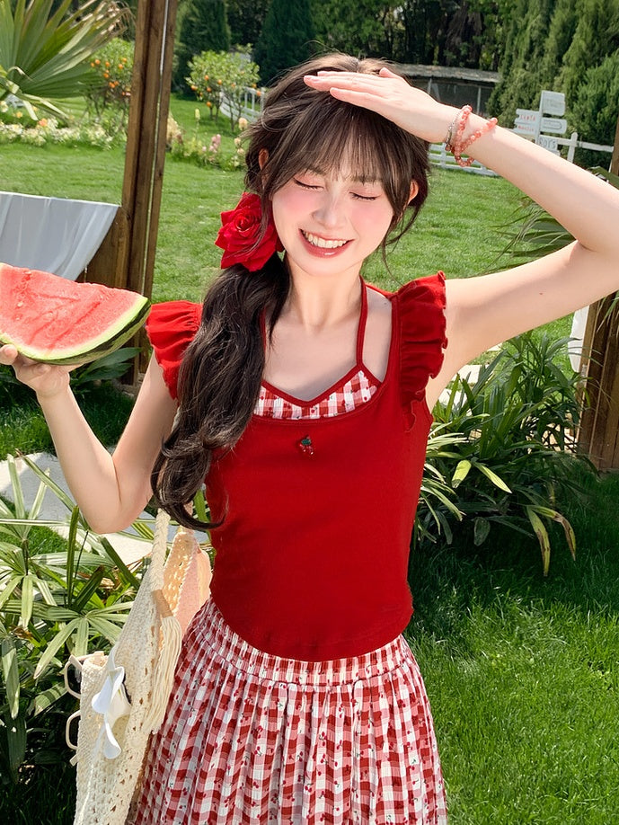 Red Halter Neck Flutter Sleeves Cherry Embroidery Neckline Faux Two-pieces Tank Top