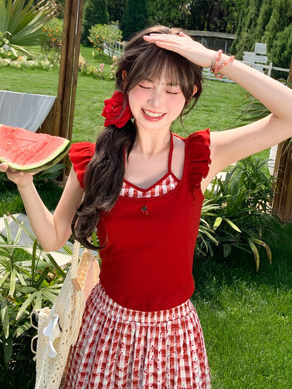 Red Halter Neck Flutter Sleeves Cherry Embroidery Neckline Faux Two-pieces Tank Top