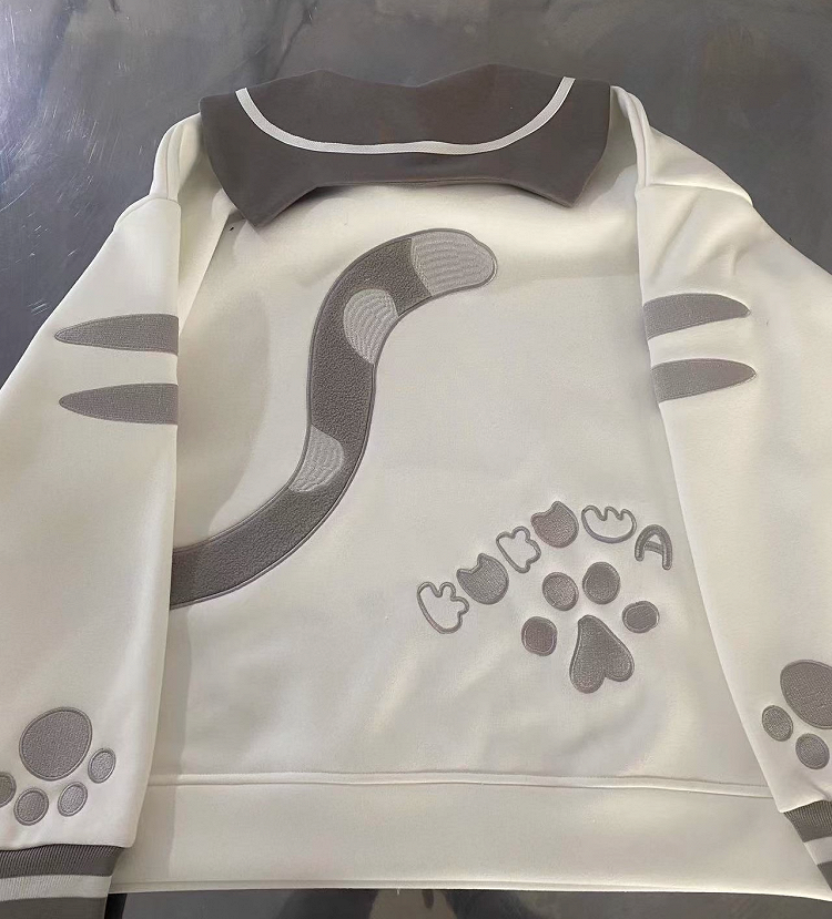 Kawaii Puff Core Cat Sailor with 3D Collar Embroidery Sweatshirt Design Otome White Gray