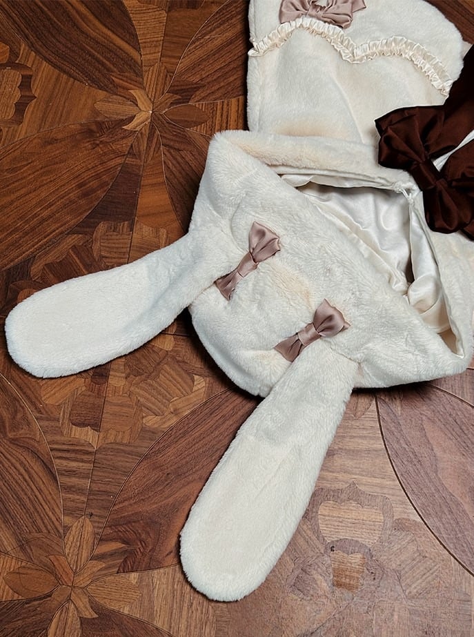 White Bunny Ears Hooded Lolita Cape with Brown Bows Pom-poms - Twin Bear Original Design