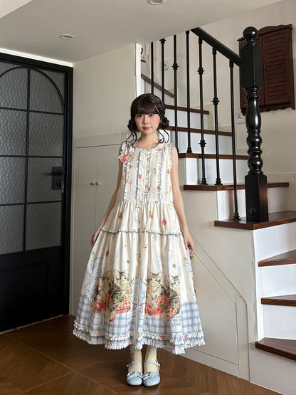 Kawaii Cat and Apple Design Cotton Sleeveless Dress in Short or Long Length