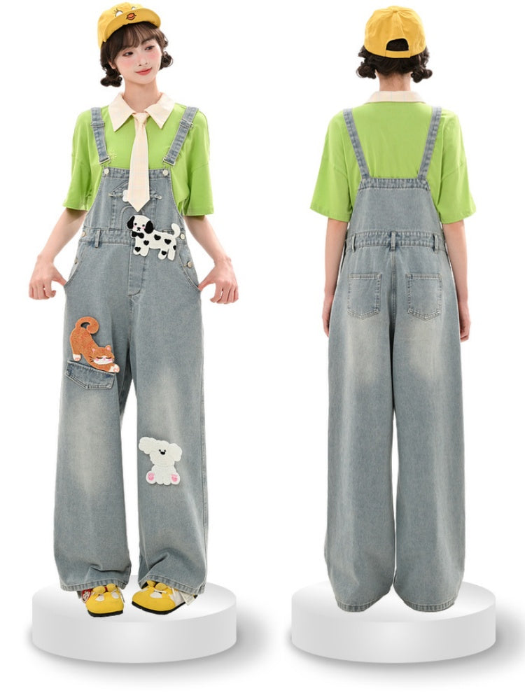 ライトブルーのハイウエストの愛らしい動物のアップリケデニムオーバーオール