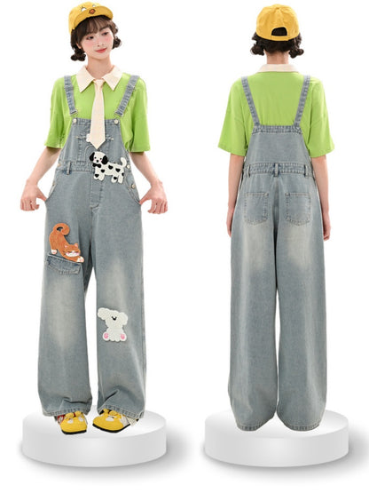 ライトブルーのハイウエストの愛らしい動物のアップリケデニムオーバーオール