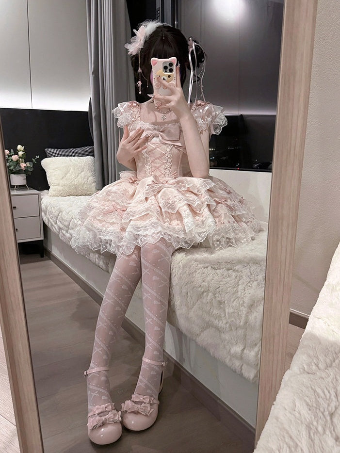 Details Dress Lace Jacquard with Lolita Pink Bow Princess Multi-Layered