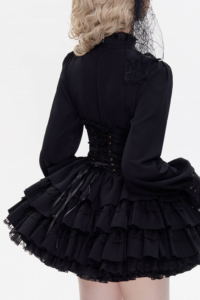 High Neck Long Sleeve Black Shirt with Ruffle Cuffs and Spider Bowtie - DevilInspired Exclusive Collection