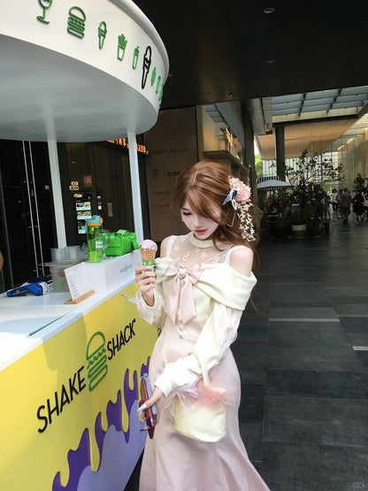 Beige Dress Tie Detail Off-Shoulder Sleeve Crossed Jirai Pink in Kei Bow with Elegant