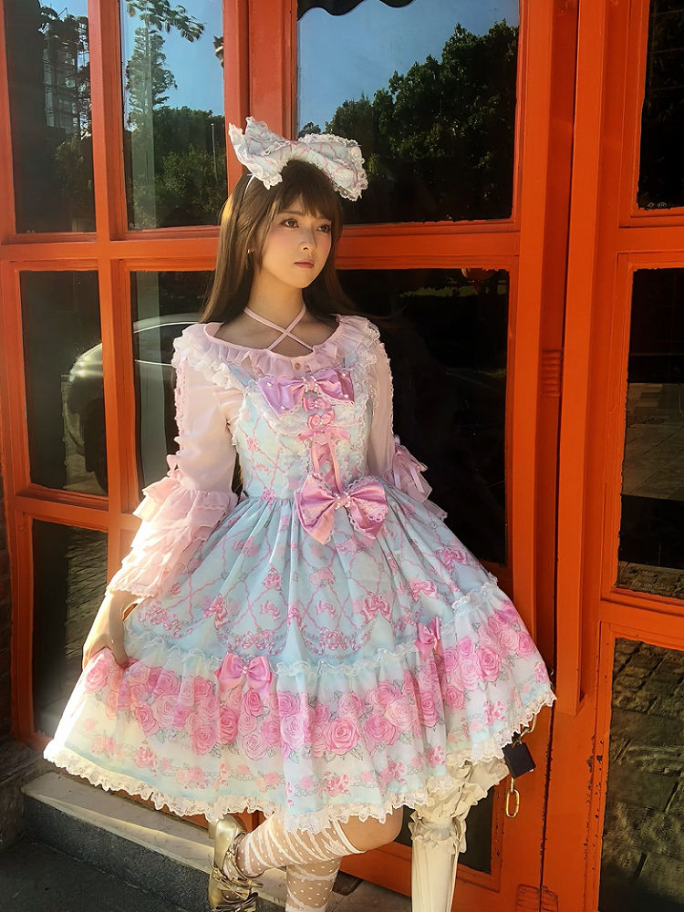 Mint Green Rosette Print Lace JSK Dress - TaTaTa