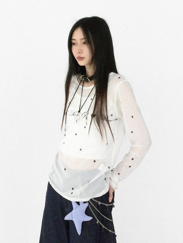White Sheer Round Neck Long Sleeve T-Shirt with Eight-Pointed Star Print - innomoood