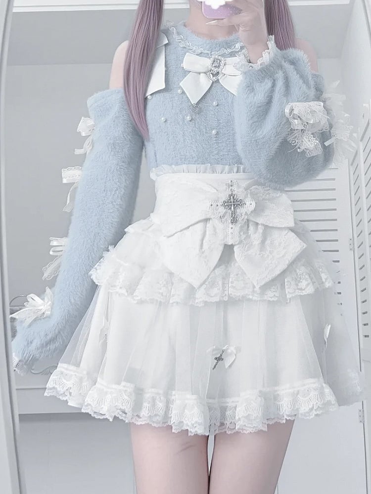 Light Blue Open Shoulder Jirai Kei Sweater - Lace Bow Sleeve with Delicate Beadwork