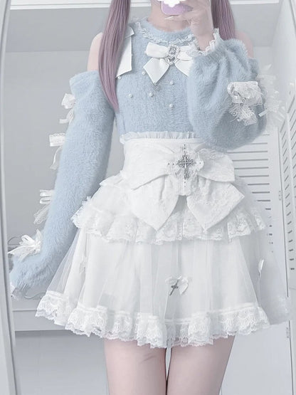 Light Blue Open Shoulder Jirai Kei Sweater - Lace Bow Sleeve with Delicate Beadwork