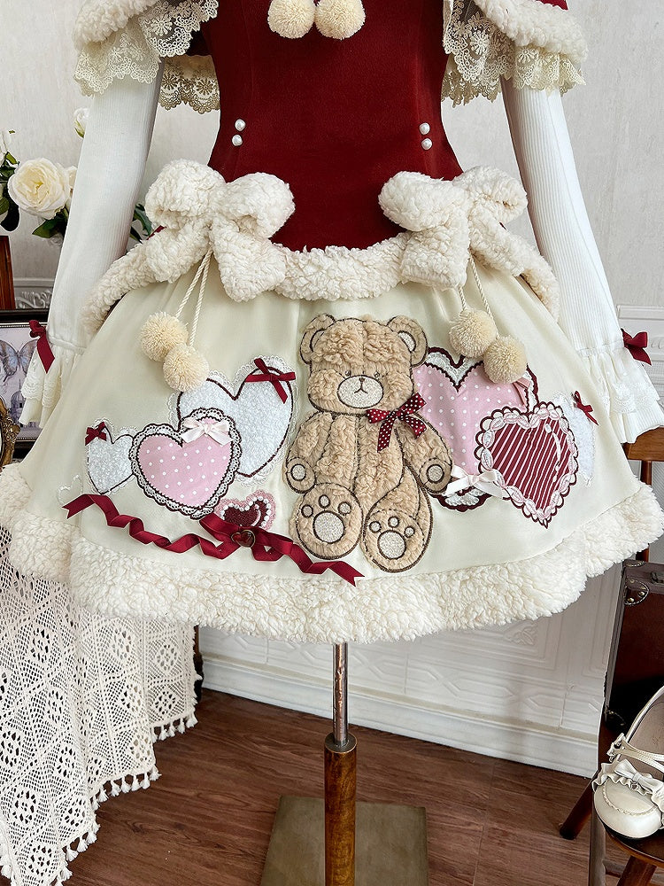 Ears Red Knitted Cape Skirt JSK - Sweet Lolita Dress Winter + Bunny Set Bear-Themed Top Short White