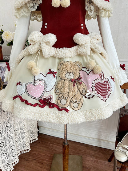 Ears Red Knitted Cape Skirt JSK - Sweet Lolita Dress Winter + Bunny Set Bear-Themed Top Short White