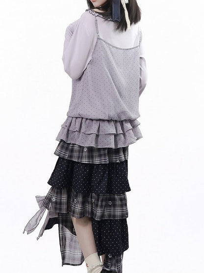 Dusty Purple Polka Dot Cami Top Ruffle Hem - PINK SAVIOR