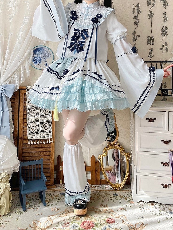 and White Banded Lolita Han Accents Blue Flower Collar Bow Dress with Puff Sleeves