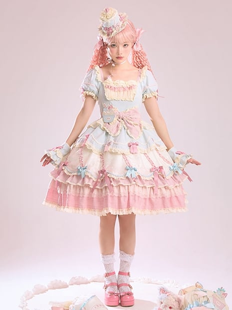 Sweet Blue Details Neckline Lolita Pink Dress Sleeves Square and Bowknot Puff