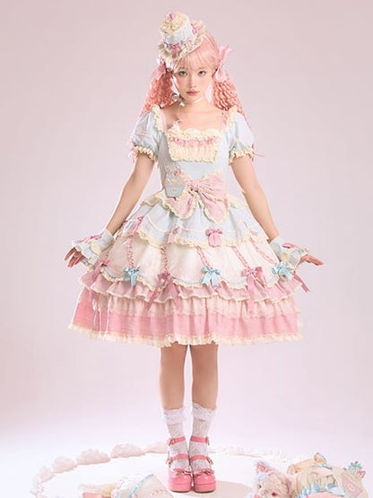 Sweet Blue Details Neckline Lolita Pink Dress Sleeves Square and Bowknot Puff