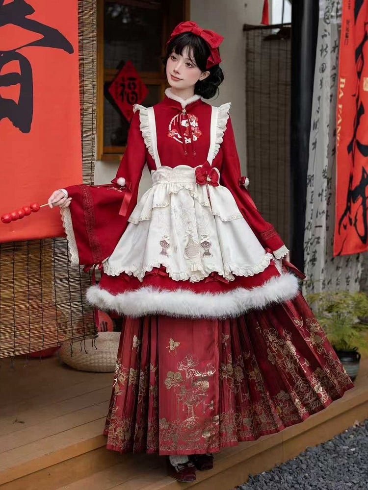 Horse-face Pins + Red Leg Bow Embroidery Warmers Apron OP Han KC Skirt Floral Brooch Lolita