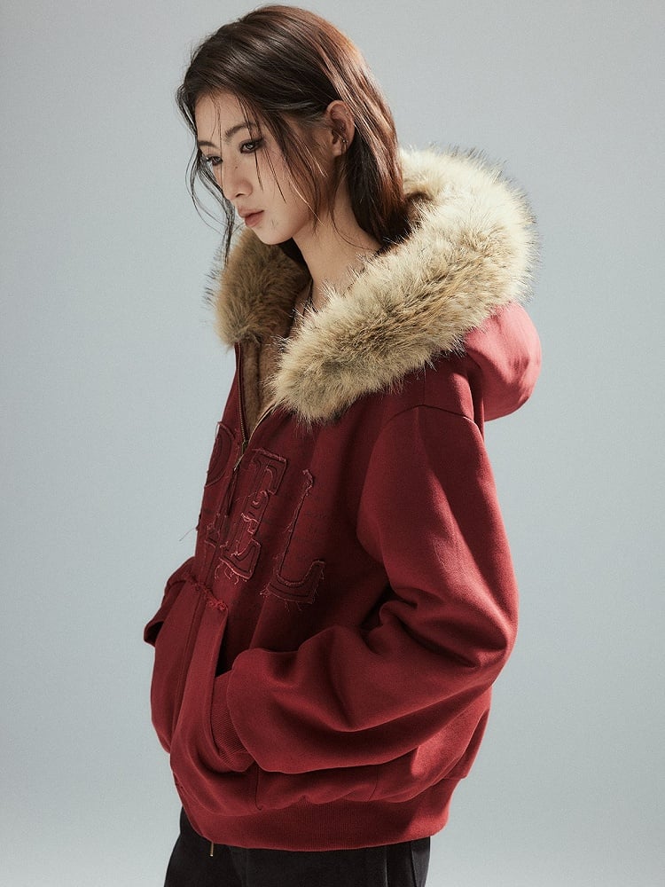 Patch Plush-lined - Red Letter Closure Jacket Zip Hood Vintage Details Wine