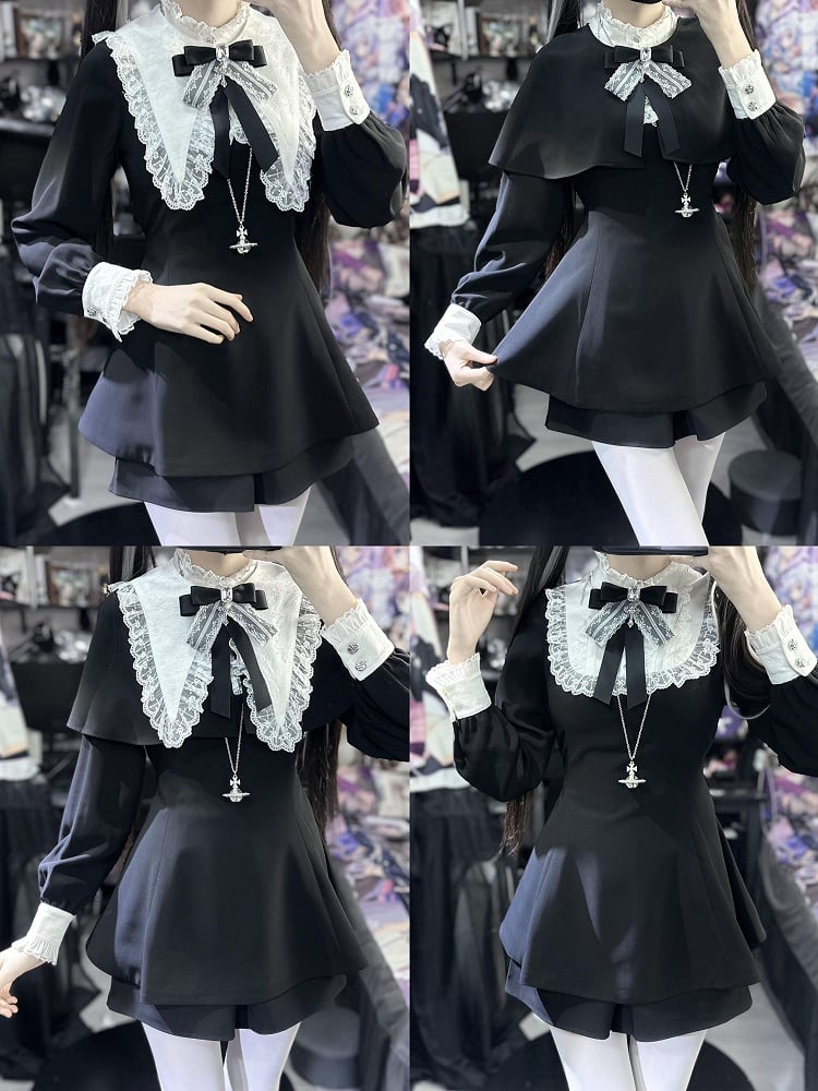 Set: Shorts Pointed Long Bow Black Gothic Tie Full White Landmine Faux Sleeve Detachable Collar Cape + Top Style
