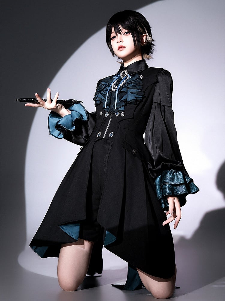 Langes Hemd - Schwarzes Ouji-Blau + Ärmel, Weste, Jabot, Full und Prince-Shorts, Lolita-Set