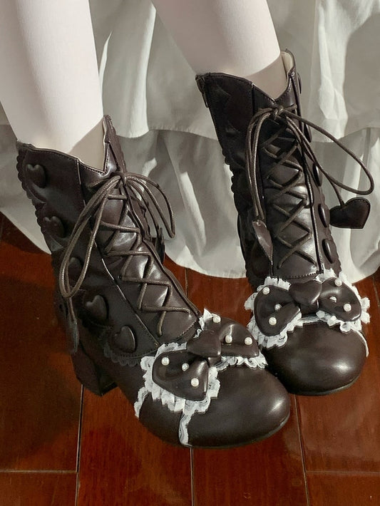 Heart Bow Hybrid Details Mid System in Block Closure Heel Boots Top Brown Beadwork Elegant Lolita PU with